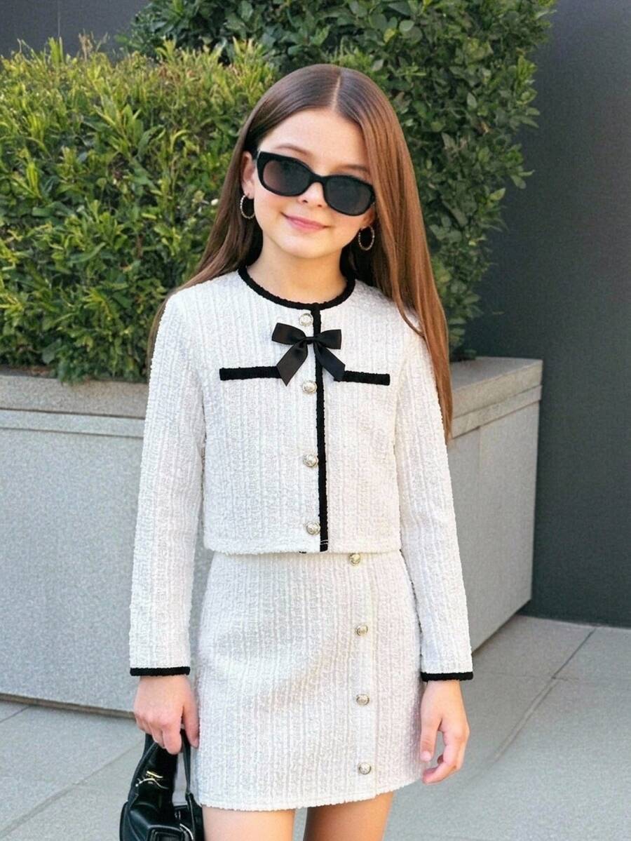 兒童青少年女孩黑白對比正式場合套裝夾克與裙子2件組,休閒日常穿著 - 白色 - 查看 1