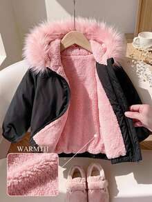 SHEIN Baby Girl Woven Colorblock Long Sleeve Hooded Thick Padded Winter Coat - Multicolor - View 5