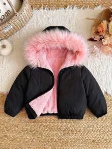 SHEIN Baby Girl Woven Colorblock Long Sleeve Hooded Thick Padded Winter Coat - Multicolor - View 4