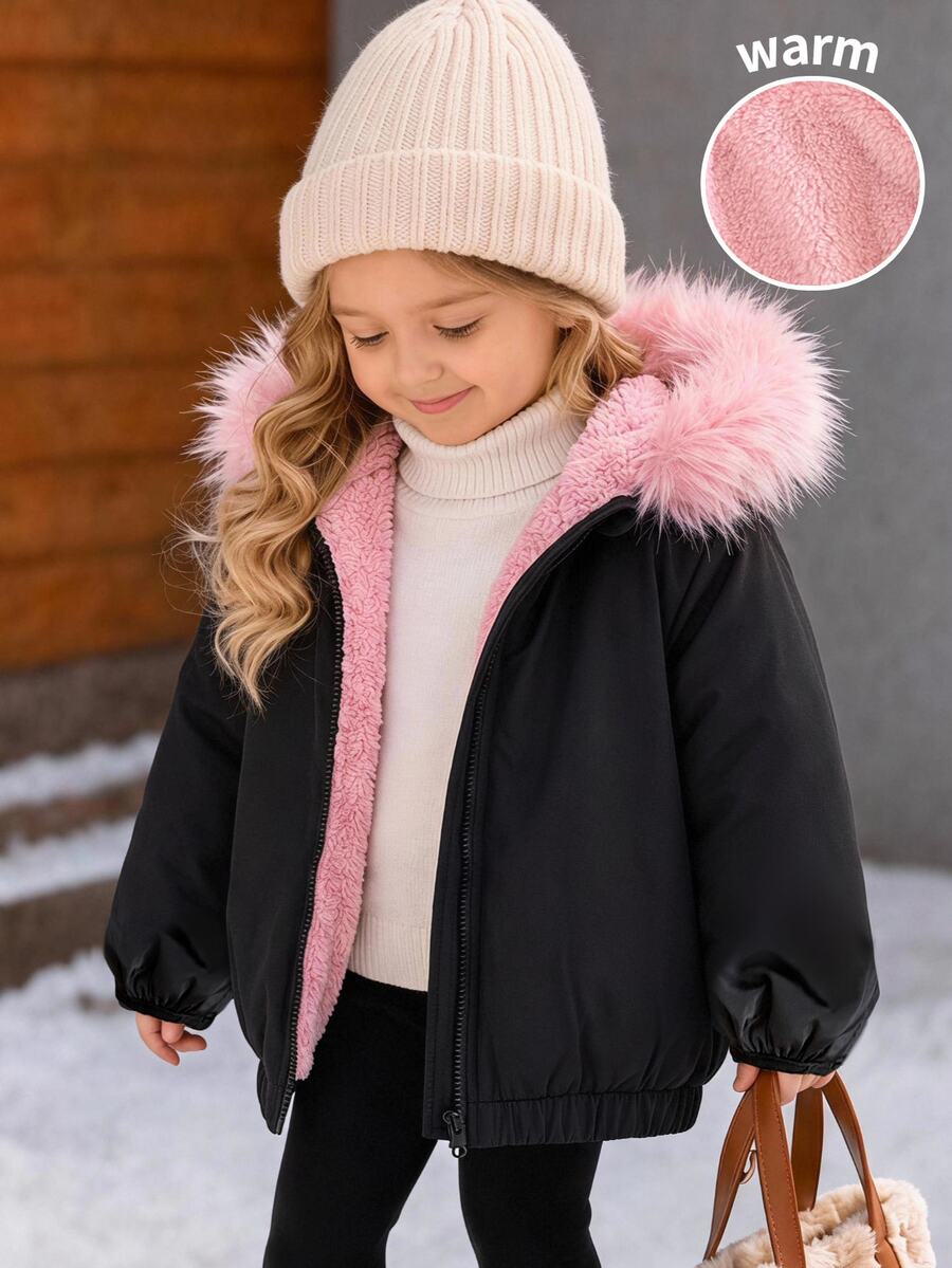 SHEIN Baby Girl Woven Colorblock Long Sleeve Hooded Thick Padded Winter Coat - Multicolor - View 1