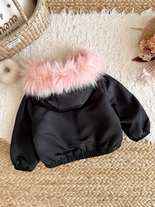 SHEIN Baby Girl Woven Colorblock Long Sleeve Hooded Thick Padded Winter Coat - Multicolor - View 2