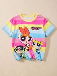 THE POWERPUFF GIRLS X SHEIN GraphicGems 女童彩虹条纹撞色圆领短袖T恤，夏季 - 彩色 - 查看 5