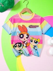 THE POWERPUFF GIRLS X SHEIN GraphicGems 女童彩虹条纹撞色圆领短袖T恤，夏季 - 彩色 - 查看 4