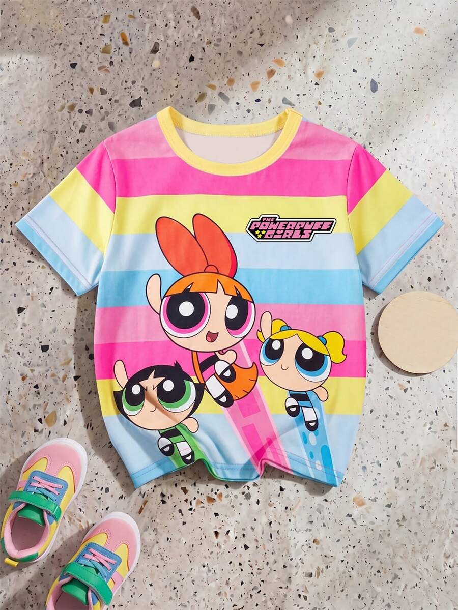 THE POWERPUFF GIRLS X SHEIN GraphicGems 女童彩虹条纹撞色圆领短袖T恤,夏季 - 彩色 - 查看 1
