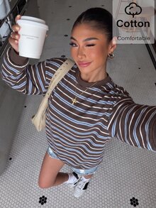 Muchica Women's Casual Comfortable Round Neck Striped Coffee Brown & Blue Patchwork Long Sleeve Sweatshirt, Autumn/Winter - Coffee Brown - View 5