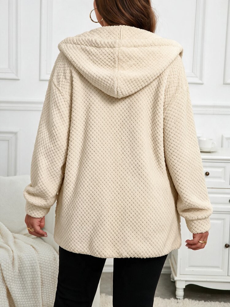 SHEIN LUNE Plus Size Casual Dressy Baggy Thermal Lined Hooded Coat, Autumn/Winter, Women Long Sleeve Pockets, Hiking Lounge Cocktail Formal, Halloween Cream - Apricot - View 2