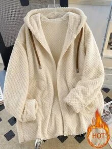 SHEIN LUNE 大尺碼休閒正式寬鬆保暖內裡連帽外套，秋冬款，女款長袖口袋，適合徒步、居家、雞尾酒會、正式場合，萬聖節奶油色 - 杏色 - 查看 2