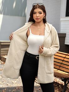 SHEIN LUNE 大尺碼休閒正式寬鬆保暖內裡連帽外套，秋冬款，女款長袖口袋，適合徒步、居家、雞尾酒會、正式場合，萬聖節奶油色 - 杏色 - 查看 16