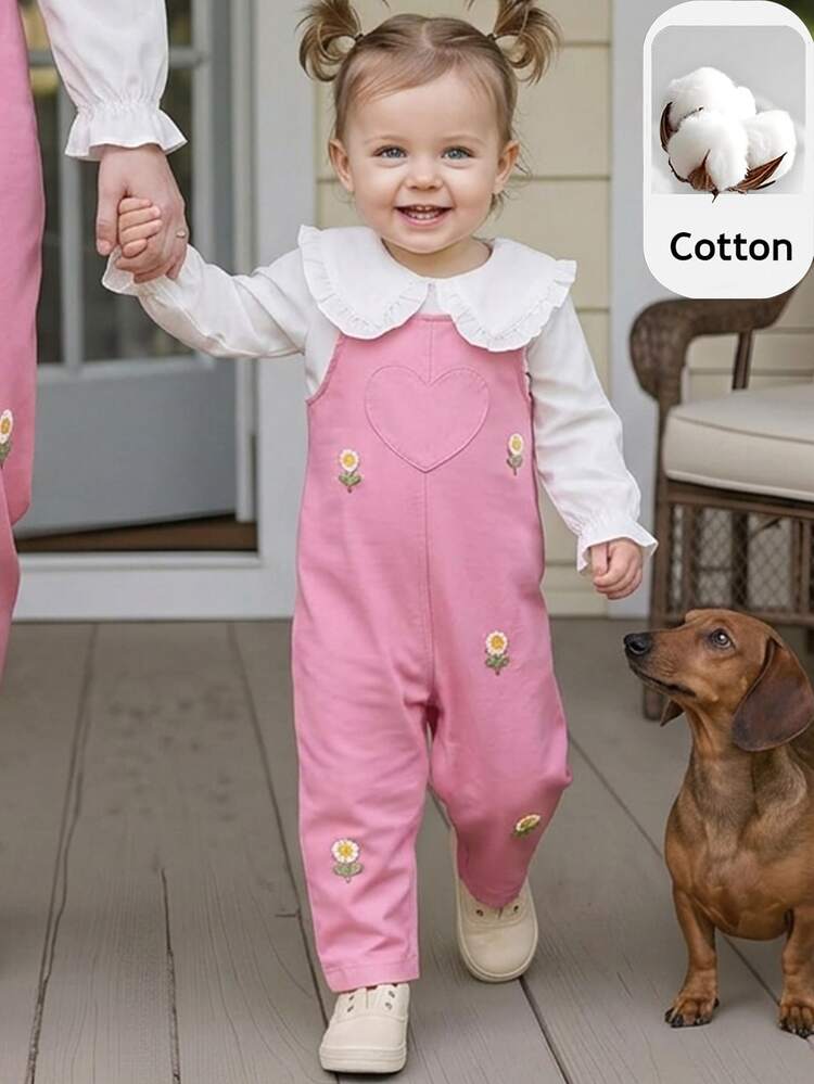 PrepCrw Baby Girl Casual Cute Woven Solid Color Floral Pattern Overall Romper, Suitable For Indoor, Outdoor, Autumn/Winter, Birthday, Holiday - Pink - View 7