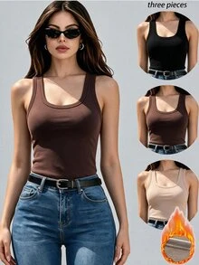 SHEIN Unity Multi-Piece Thermal Lined Square Neck Camisole Slim Fit Flattering Basic Layering Tank Top For Women - Multicolor - View 3