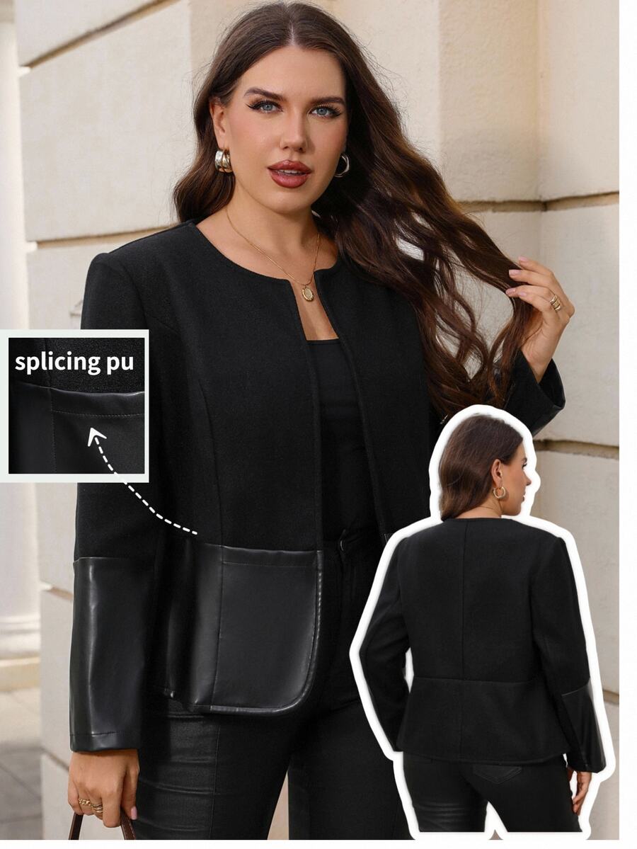 EMERY ROSE Women's Plus Size Wool Blend & PU Leather Patchwork Open Front Jacket Fall Winter 2026 Winter Outfit For Women Elegant Work Coat - Black - View 1