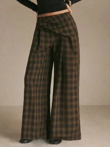 Poéselle Women's Plaid Casual Versatile Daily Wear Wide Leg Long Pants - Brown - View 5