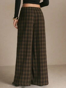 Poéselle Women's Plaid Casual Versatile Daily Wear Wide Leg Long Pants - Brown - View 2