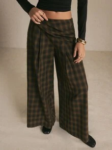 Poéselle Women's Plaid Casual Versatile Daily Wear Wide Leg Long Pants - Brown - View 4