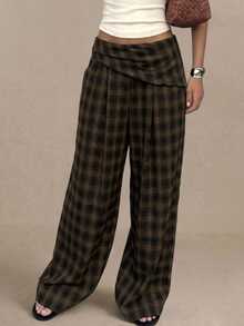 Poéselle Women's Plaid Casual Versatile Daily Wear Wide Leg Long Pants - Brown - View 7