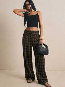 Poéselle Women's Plaid Casual Versatile Daily Wear Wide Leg Long Pants - Brown - View 6