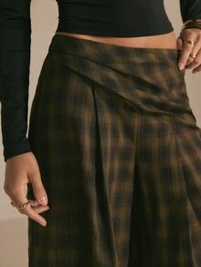 Poéselle Women's Plaid Casual Versatile Daily Wear Wide Leg Long Pants - Brown - View 3