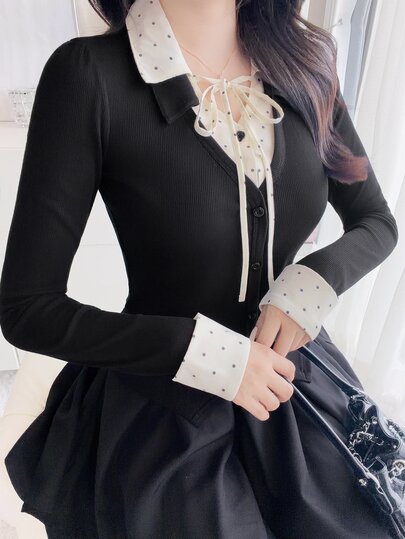 FRIFUL Maglietta casual da donna autunnale con stampa a pois e patchwork 2 in 1
