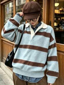 FRIFUL Women's Striped Polo Collar Long Sleeve Casual Loose Sweater - Blue - View 9