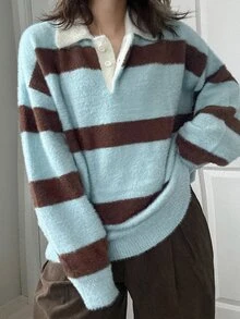 FRIFUL Women's Striped Polo Collar Long Sleeve Casual Loose Sweater - Blue - View 7