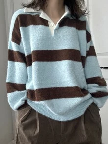 FRIFUL Women's Striped Polo Collar Long Sleeve Casual Loose Sweater - Blue - View 4