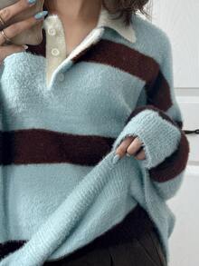 FRIFUL Women's Striped Polo Collar Long Sleeve Casual Loose Sweater - Blue - View 8