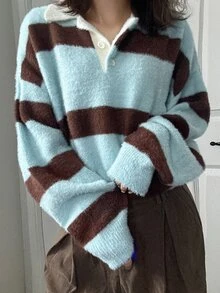 FRIFUL Women's Striped Polo Collar Long Sleeve Casual Loose Sweater - Blue - View 6