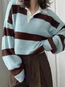 FRIFUL Women's Striped Polo Collar Long Sleeve Casual Loose Sweater - Blue - View 5
