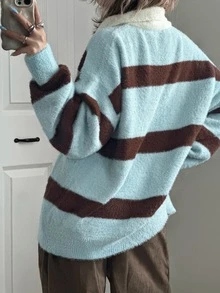 FRIFUL Women's Striped Polo Collar Long Sleeve Casual Loose Sweater - Blue - View 2