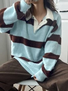 FRIFUL Women's Striped Polo Collar Long Sleeve Casual Loose Sweater - Blue - View 1