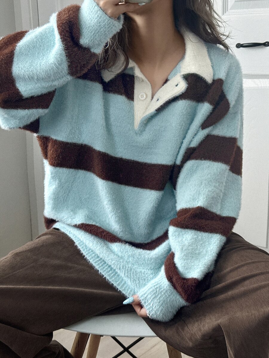 FRIFUL Women's Striped Polo Collar Long Sleeve Casual Loose Sweater - Blue - View 1