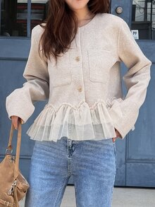FRIFUL Jaket Musim Gugur Wanita Bahan Campuran Wol & Patchwork Jala dengan Kancing Logam, Jaket Musim Dingin Biasa - Aprikot - View 8
