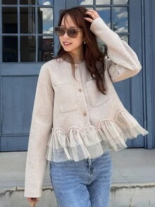 FRIFUL Jaket Musim Gugur Wanita Bahan Campuran Wol & Patchwork Jala dengan Kancing Logam, Jaket Musim Dingin Biasa - Aprikot - View 6