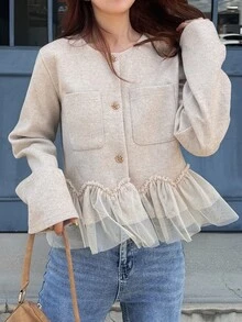 FRIFUL Jaket Musim Gugur Wanita Bahan Campuran Wol & Patchwork Jala dengan Kancing Logam, Jaket Musim Dingin Biasa - Aprikot - View 5