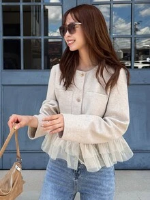 FRIFUL Jaket Musim Gugur Wanita Bahan Campuran Wol & Patchwork Jala dengan Kancing Logam, Jaket Musim Dingin Biasa - Aprikot - View 7