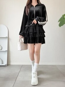 FRIFUL Women's Autumn Velvet Fabric Patchwork Contrast Color Striped Layered Short Skirt 2 Pieces Set - Black - View 5