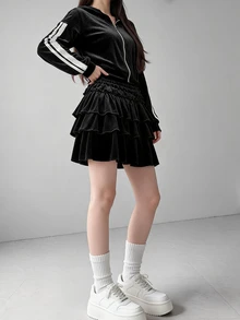 FRIFUL Women's Autumn Velvet Fabric Patchwork Contrast Color Striped Layered Short Skirt 2 Pieces Set - Black - View 1