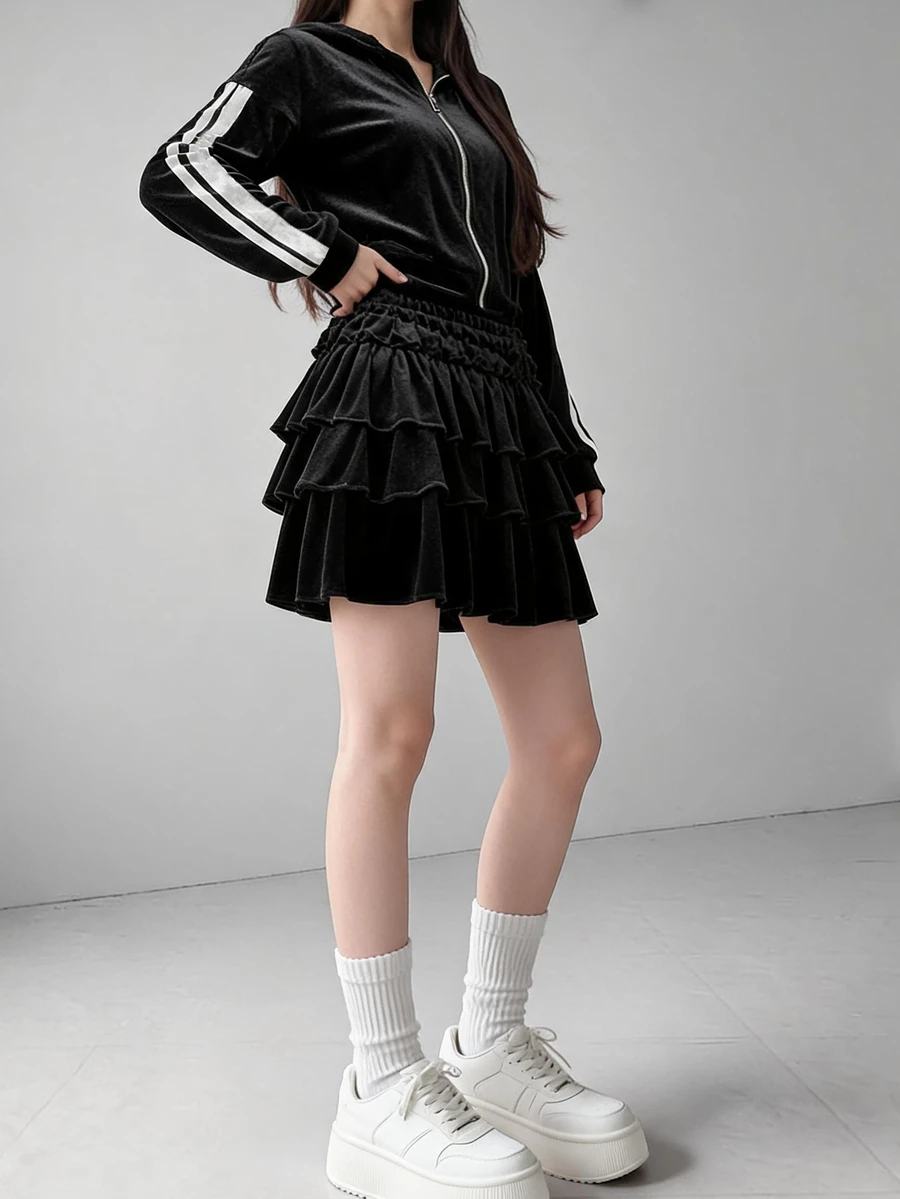 FRIFUL Women's Autumn Velvet Fabric Patchwork Contrast Color Striped Layered Short Skirt 2 Pieces Set - Black - View 1