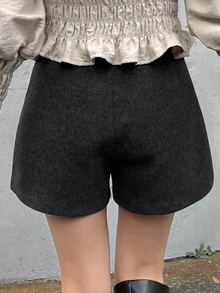 FRIFUL Women's Autumn Solid Color Wool Fabric Casual Versatile Shorts - Black - View 2