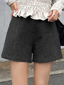 FRIFUL Women's Autumn Solid Color Wool Fabric Casual Versatile Shorts - Black - View 3