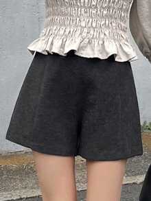 FRIFUL Women's Autumn Solid Color Wool Fabric Casual Versatile Shorts - Black - View 4