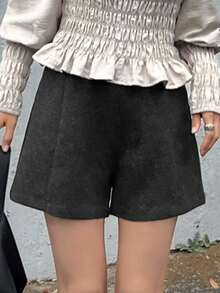 FRIFUL Women's Autumn Solid Color Wool Fabric Casual Versatile Shorts - Black - View 8