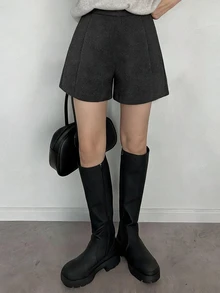 FRIFUL Women's Autumn Solid Color Wool Fabric Casual Versatile Shorts - Black - View 1