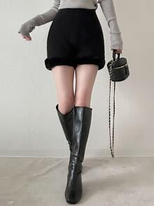 FRIFUL Women's Autumn Patchwork Faux Fur Knit Shorts - Black - View 8