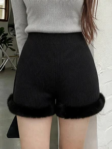 FRIFUL Women's Autumn Patchwork Faux Fur Knit Shorts - Black - View 2