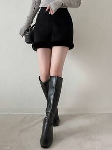 FRIFUL Women's Autumn Patchwork Faux Fur Knit Shorts - Black - View 4
