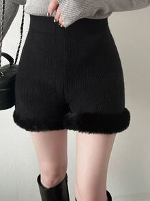 FRIFUL Women's Autumn Patchwork Faux Fur Knit Shorts - Black - View 7