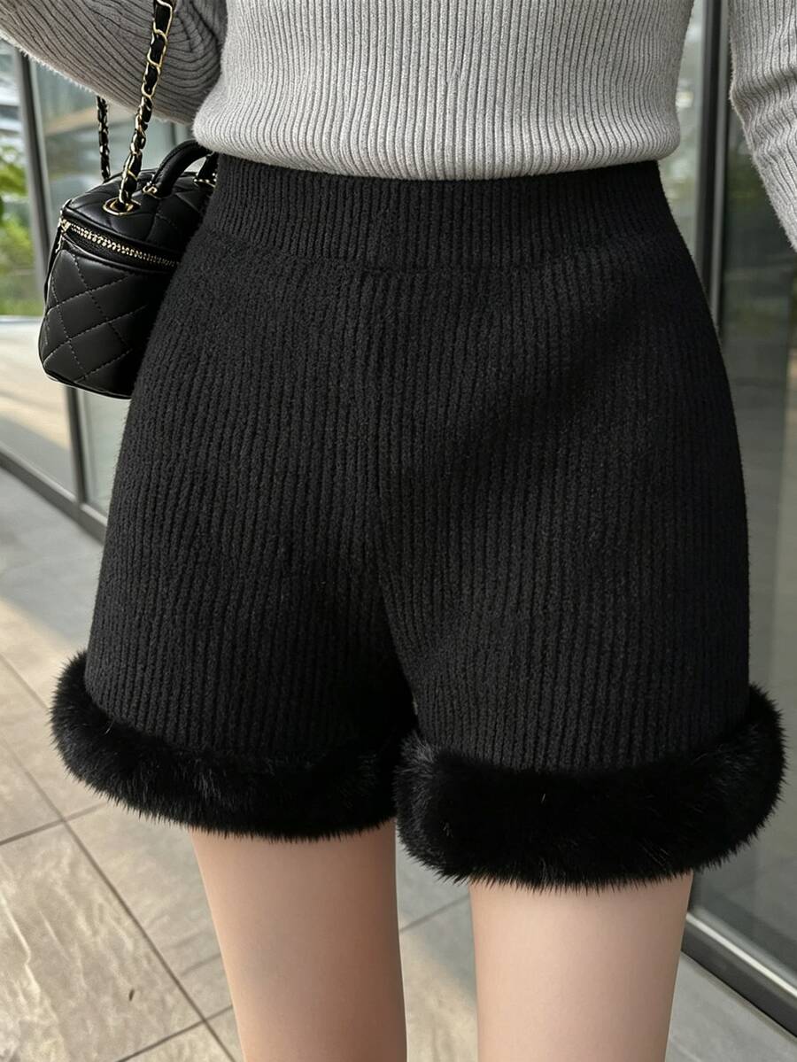 FRIFUL Women's Autumn Patchwork Faux Fur Knit Shorts - Black - View 1