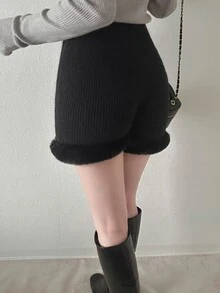 FRIFUL Women's Autumn Patchwork Faux Fur Knit Shorts - Black - View 3