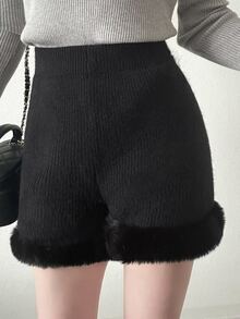 FRIFUL Women's Autumn Patchwork Faux Fur Knit Shorts - Black - View 6